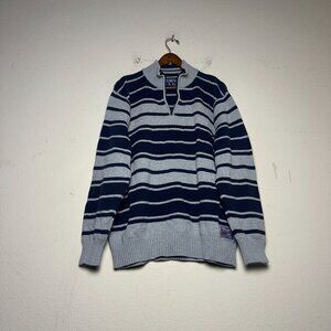 Nautica Jeans Co 1/4 Zip Casual Striped Blue Grey Waffle Knit Sweater Men 2XL